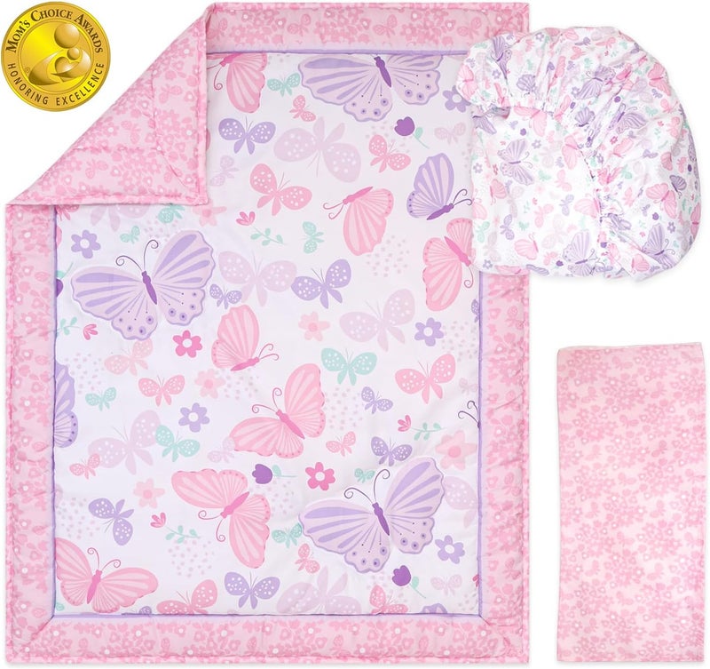 The Peanut Shell 3 Piece Baby Crib Bedding Set for Girls - Newborn, Infant & Toddler Nursery Bed Set Decor with Fitted Crib Sheet, Dust Ruffle, Crib Comforter - Butterfly Song - Image 2